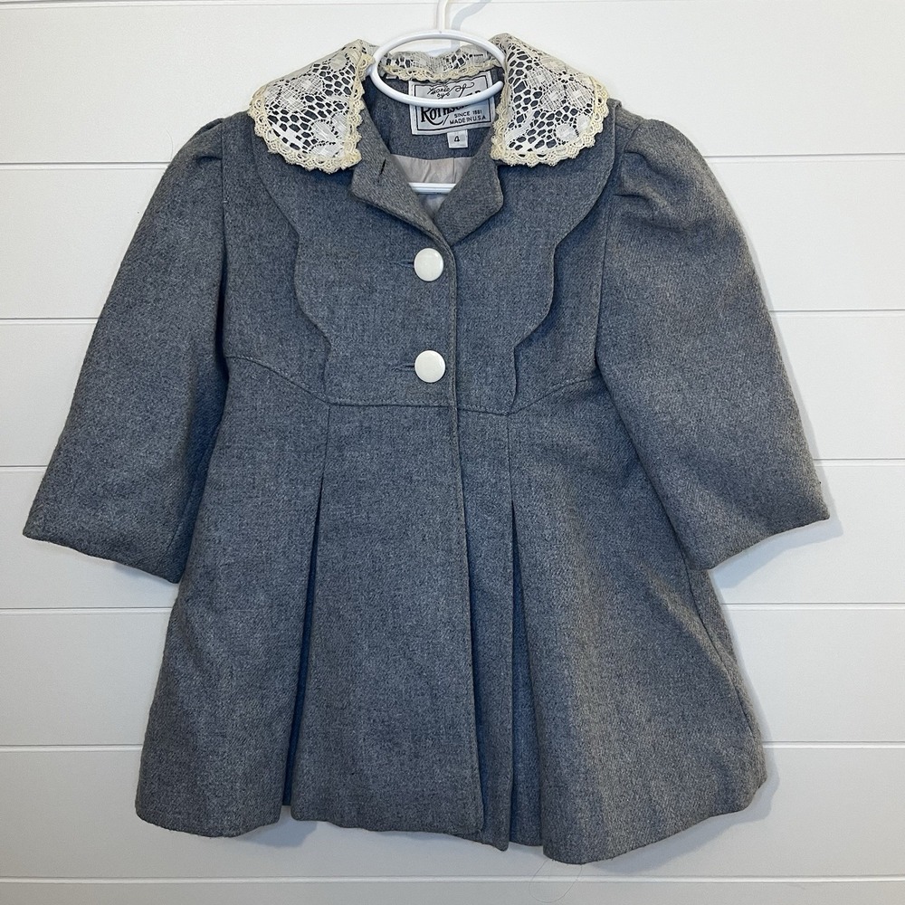 Vintage Rothschild Victorian Wool Gray Coat Coat Sz 4 Lace Collar Puff Slv Pleat